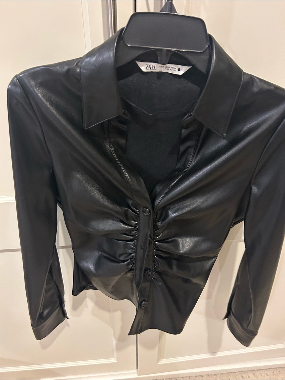 Zara Black Faux Leather Button-Up Shirt
